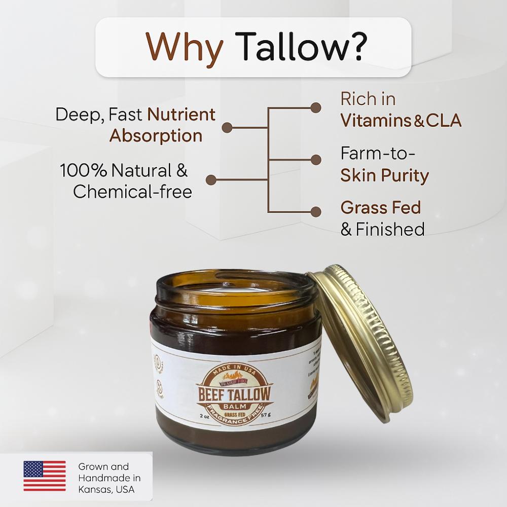 Beef Tallow Balm - 2 oz - Grown and Made in USA - Organic Grass Fed and Finished Tallow - Moisturizing Skin Care