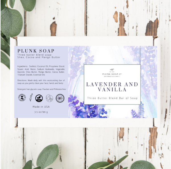 Lavender and Vanilla Scented Artisian Bar of Soap with Shea Butter, Mango Butter and Coco Butter Blend