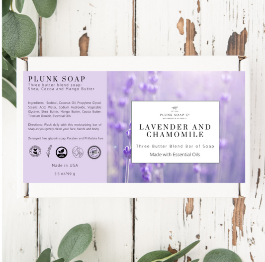 Lavender and Chamomile Scented Artisian Bar of Soap with Shea Butter, Mango Butter and Coco Butter Blend