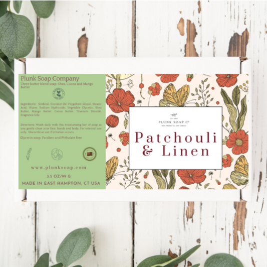 Patchouli and Linen Scented Artisian Bar of Soap with Mango Butter, Shea Butter and Coco Butter