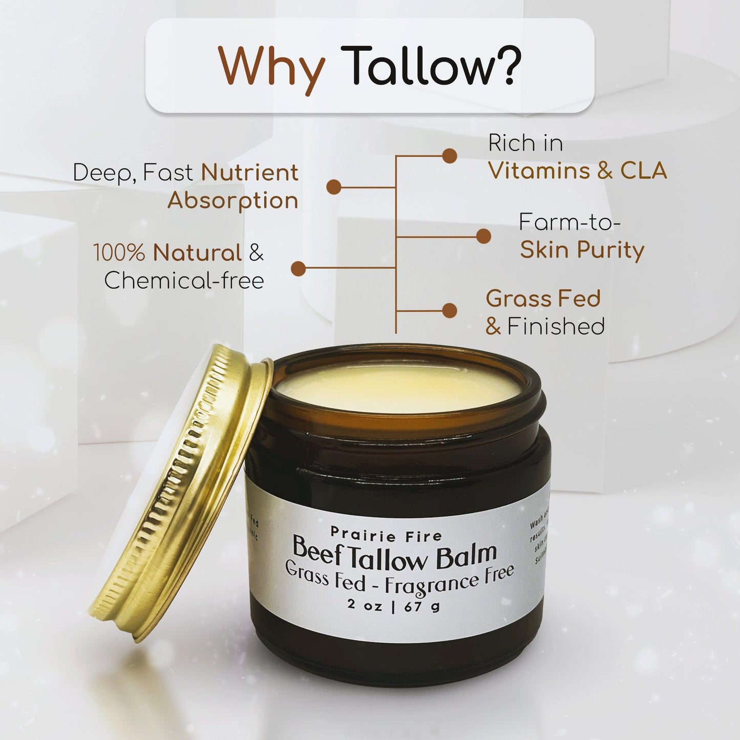 Beef Tallow Balm - 2 oz - Grown and Made in USA - Organic Grass Fed and Finished Tallow - Moisturizing Skin Care